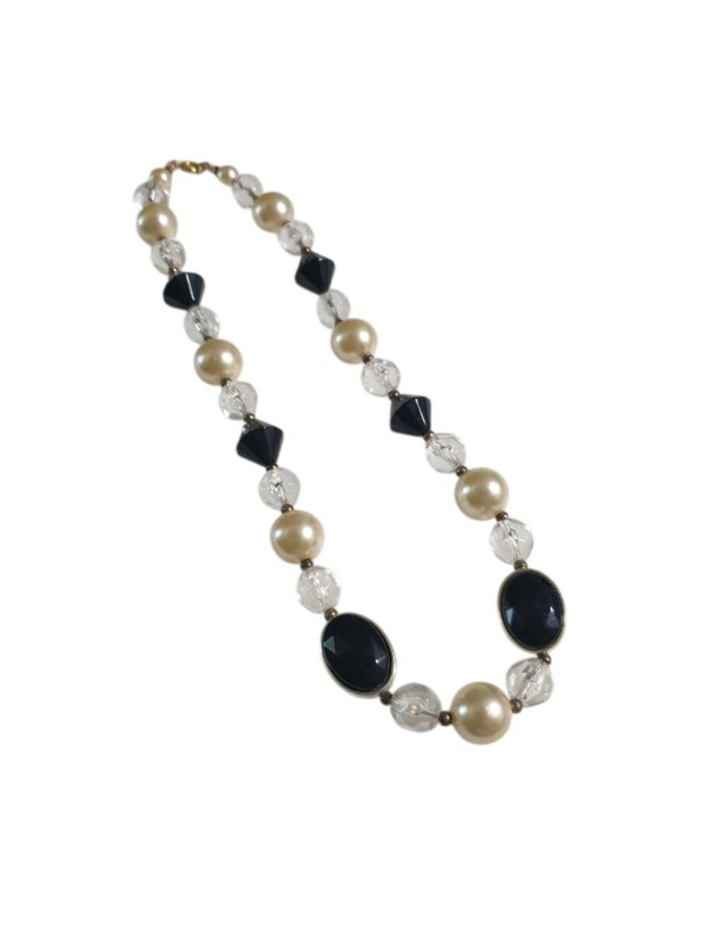 Vintage Faux Pearl Black Oval Acrylic Bead Clear Crystal Necklace Clasp 17 Inch